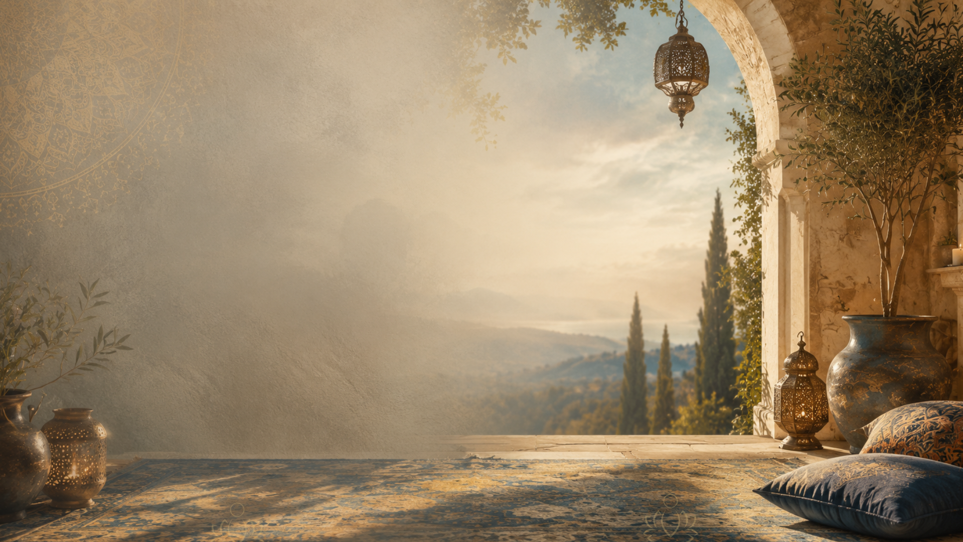 An arched Mediterranean terrace overlooking cypress-lined hills at golden hour