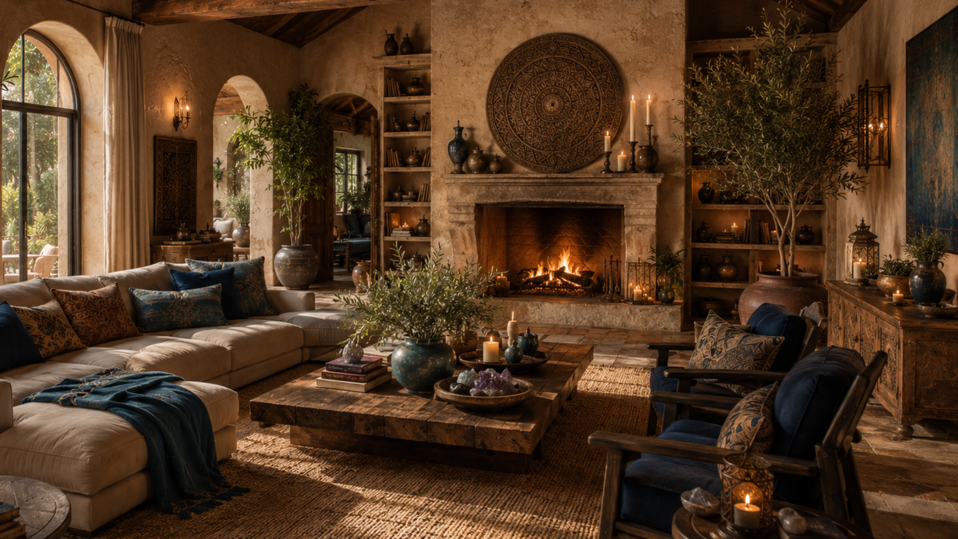 A warm living room with a stone fireplace, carved medallion and layered textiles