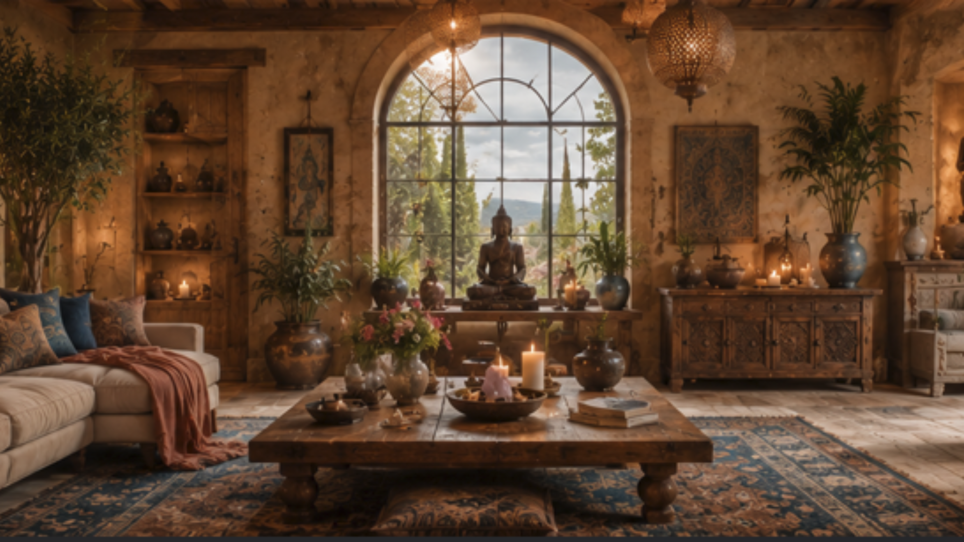 A sunlit room with an arched window, a Buddha statue and a view of distant hills