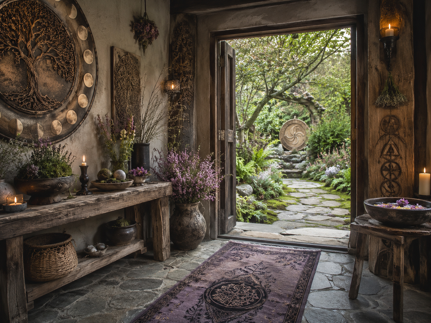 Rustic entryway with carved wood and garden path