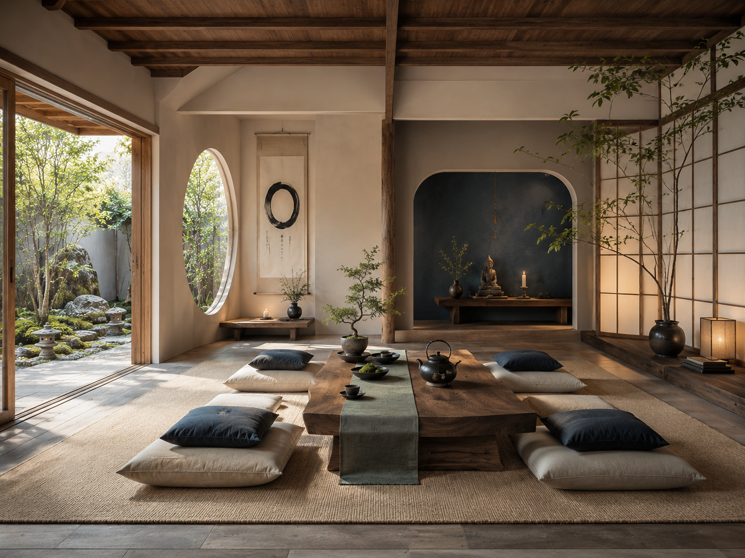 Japanese-inspired meditation room with garden view