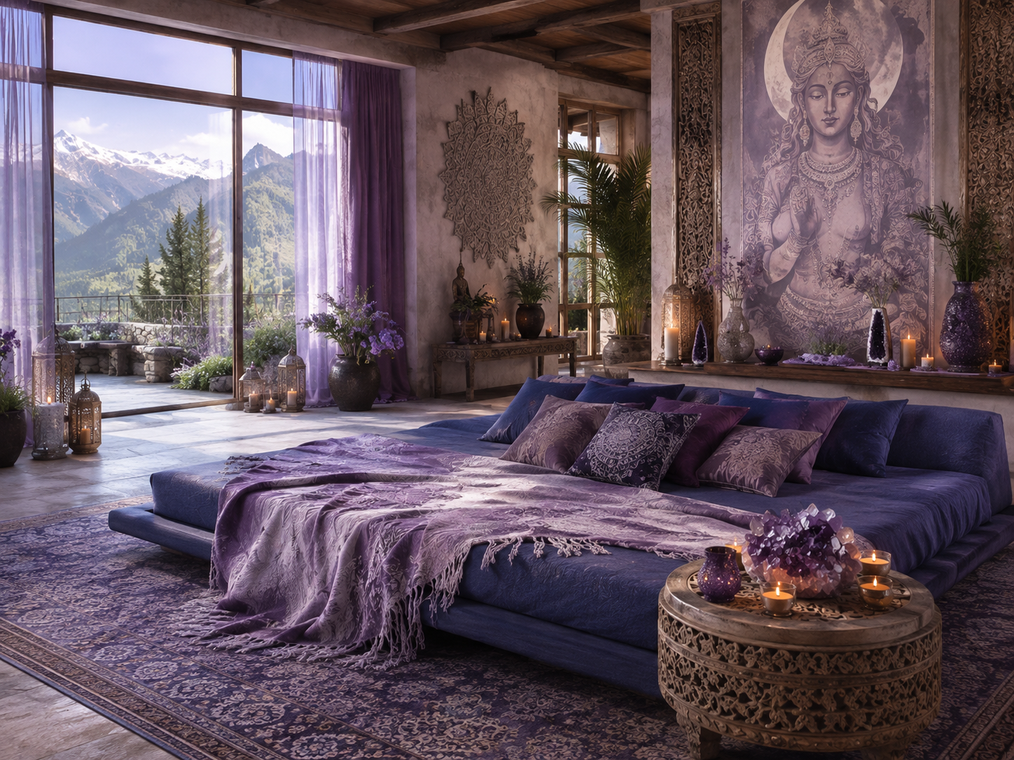 Bohemian bedroom with mountain view and goddess tapestry