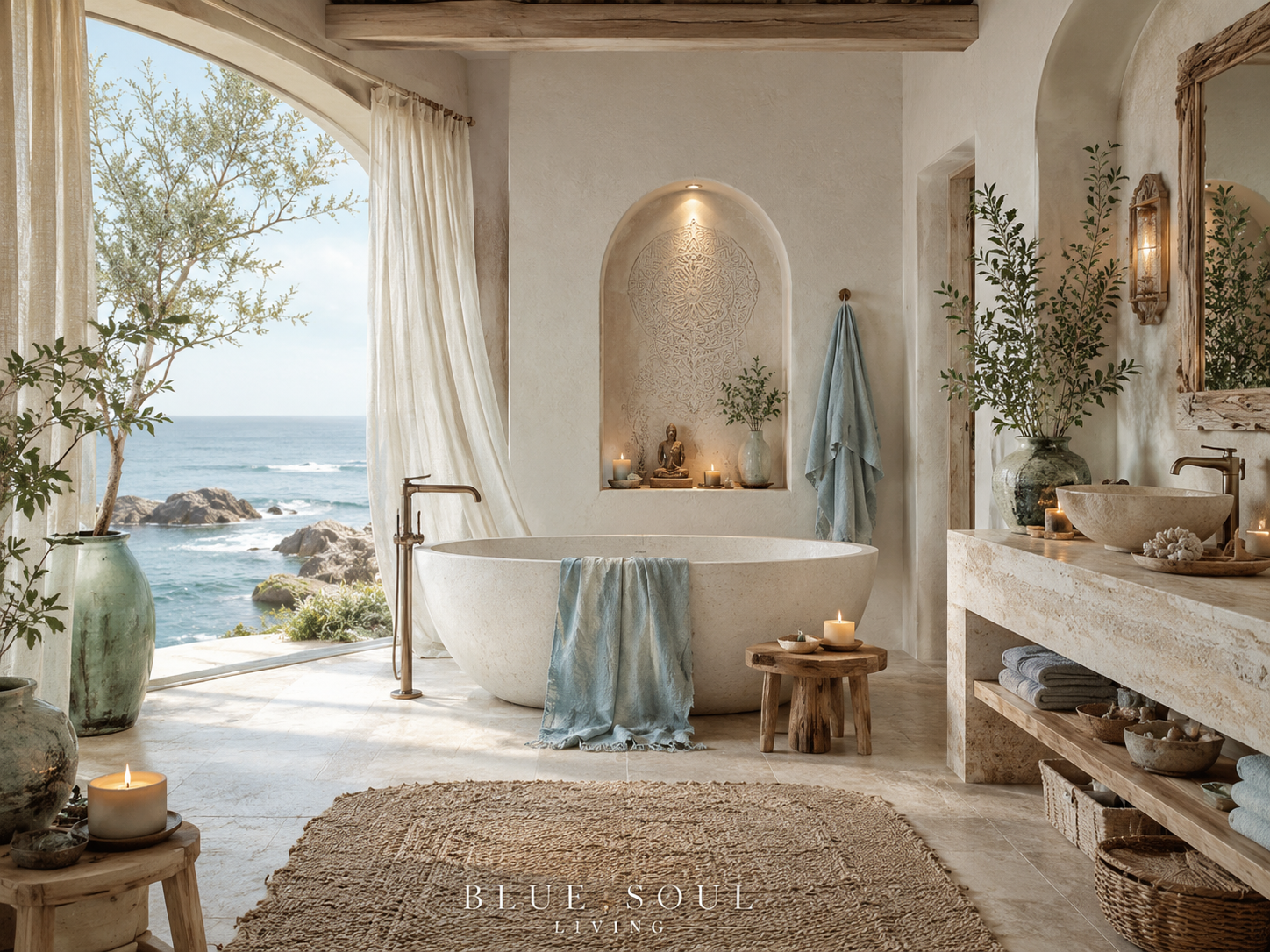Coastal spa bathroom with ocean view