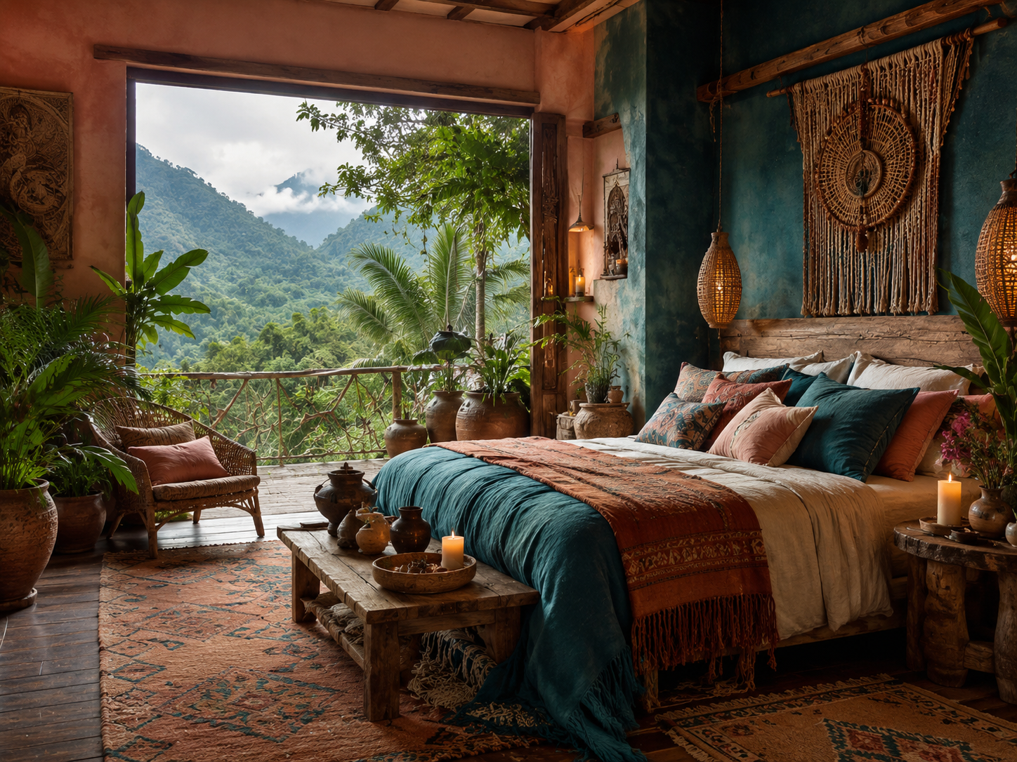 Bohemian jungle bedroom terrace with mountain view