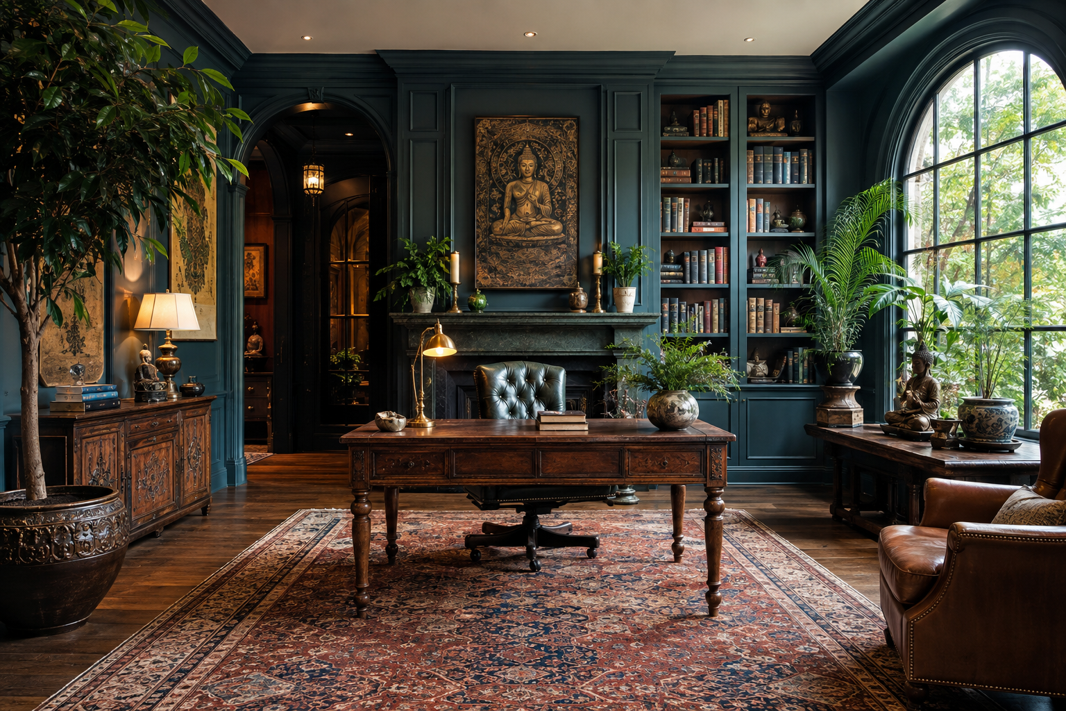 Traditional study with dark teal walls and Buddha art
