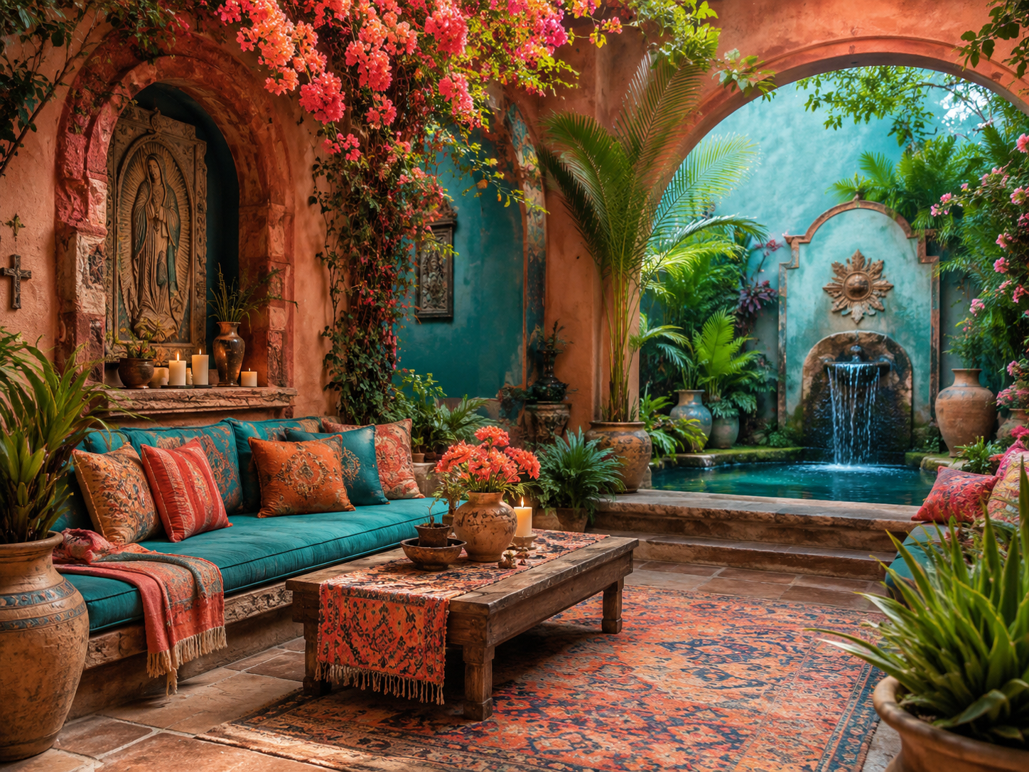 Hacienda courtyard with bougainvillea and fountain