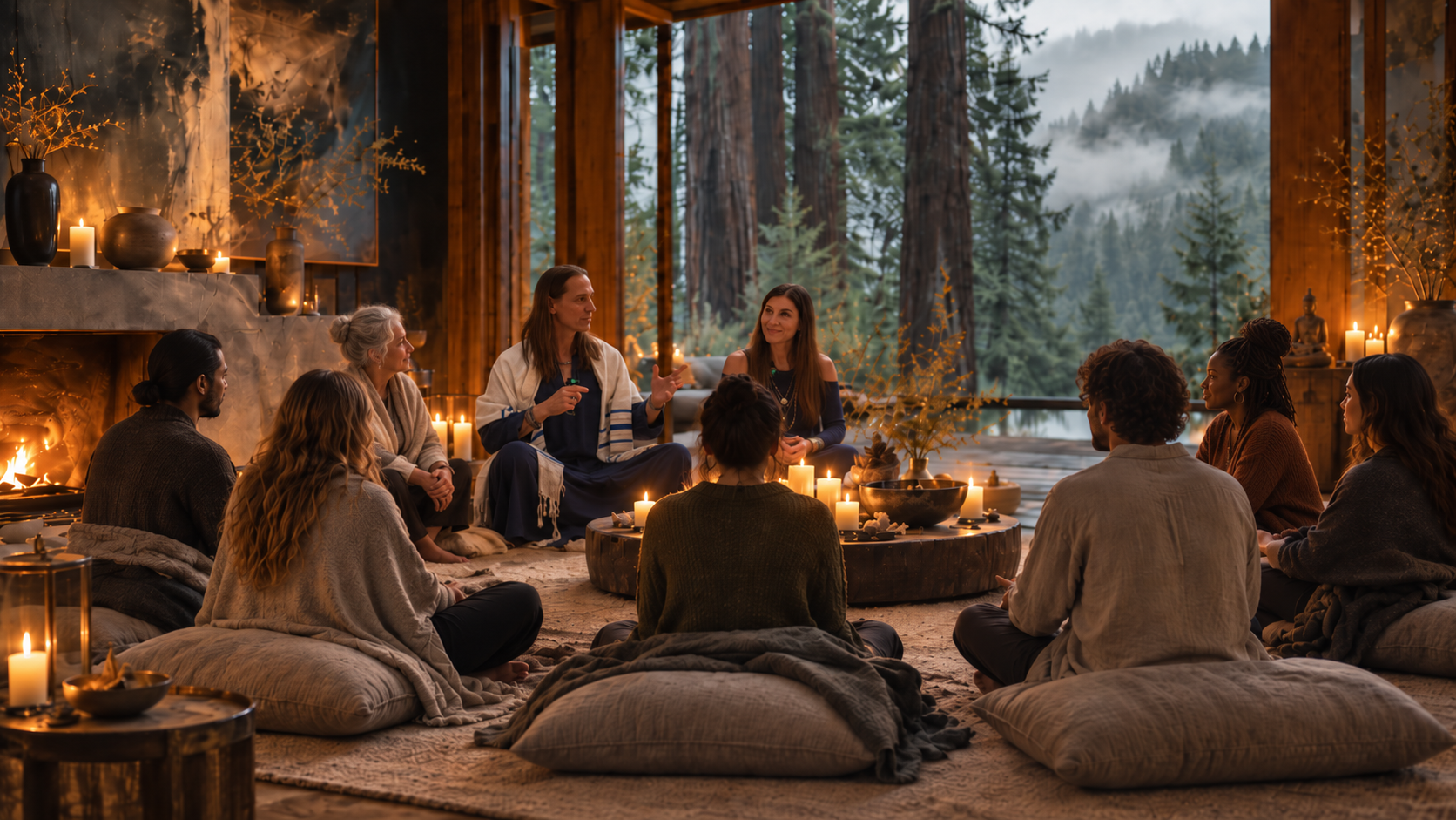 A candlelit forest room prepared for a Blue Soul Darshan