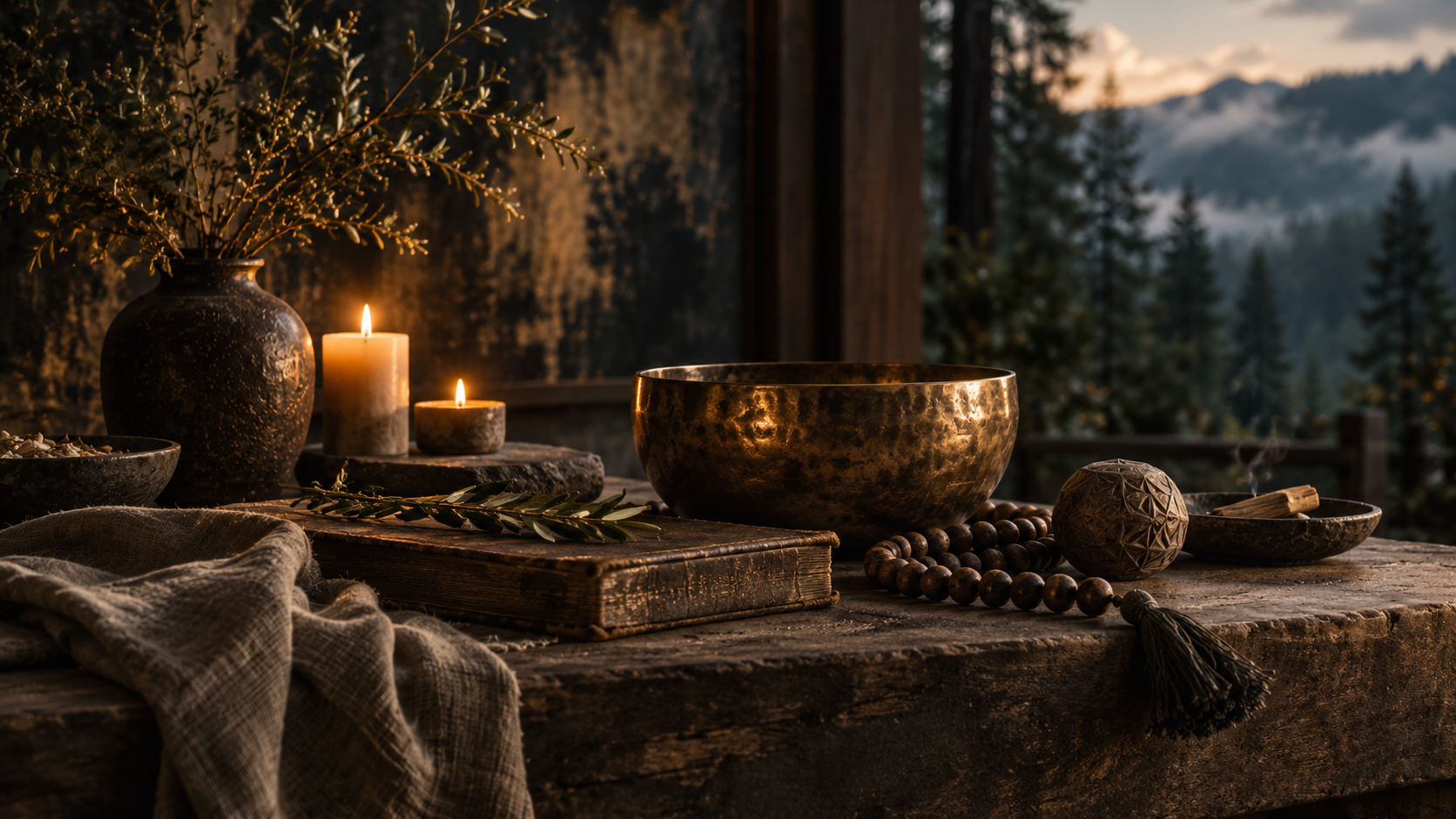 Candles, a singing bowl and mala beads on a wooden altar