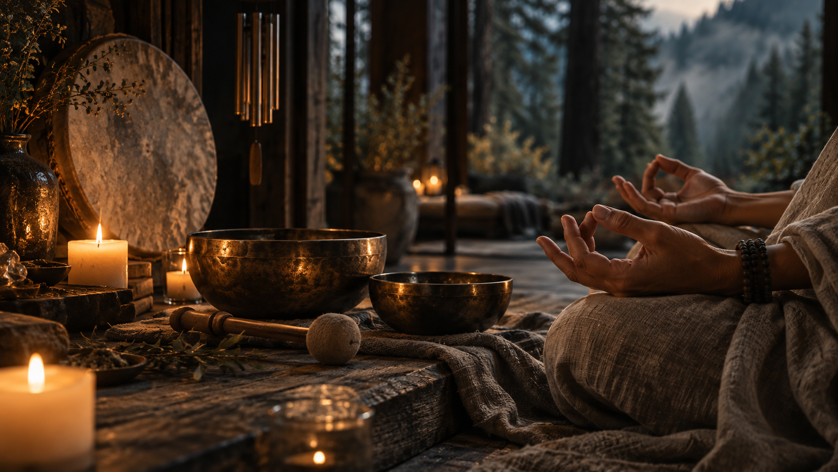 Hands in meditation beside singing bowls