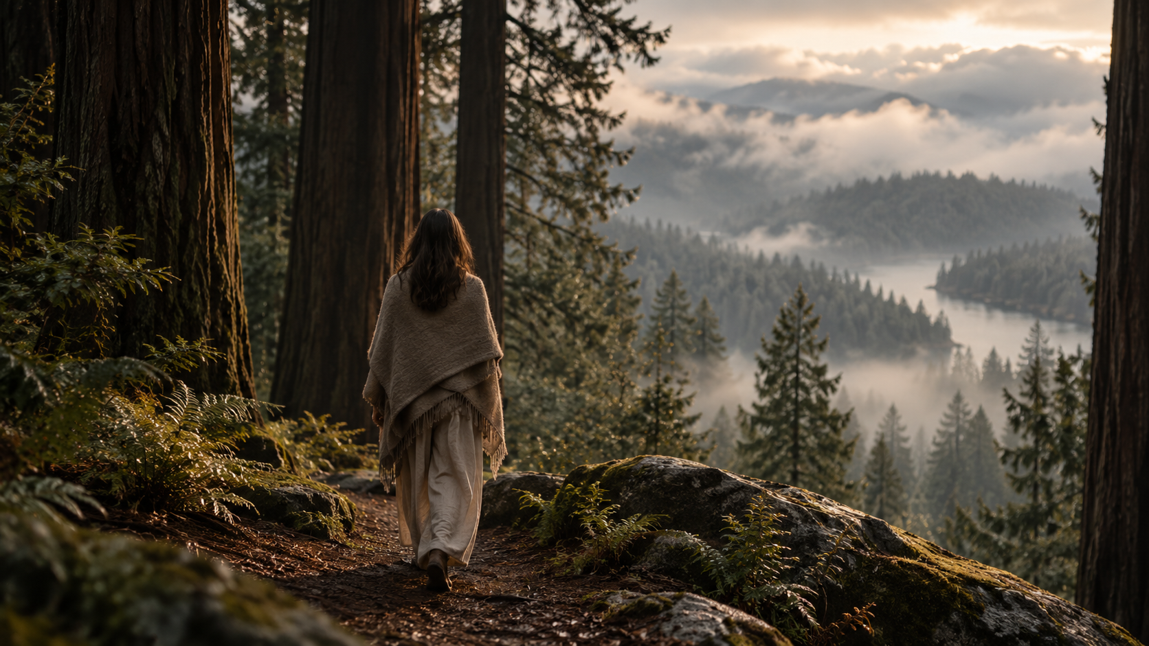 A woman walking a forest path after a Darshan