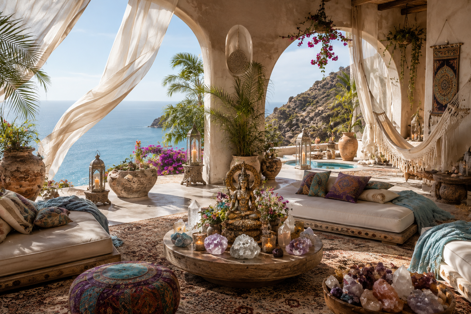 Coastal terrace lounge with Buddha statue and crystals