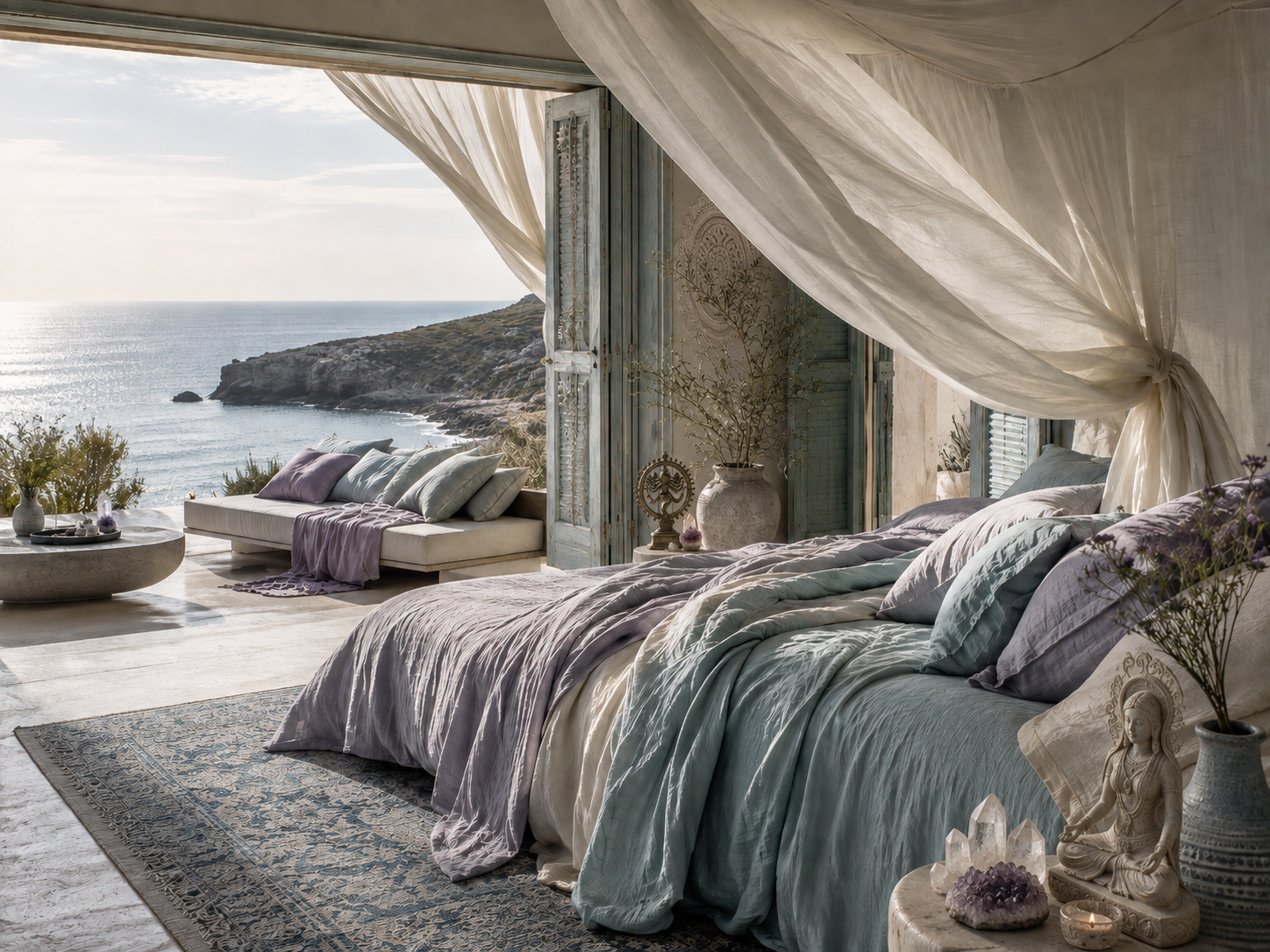 Draped canopy bedroom with coastal cliff view