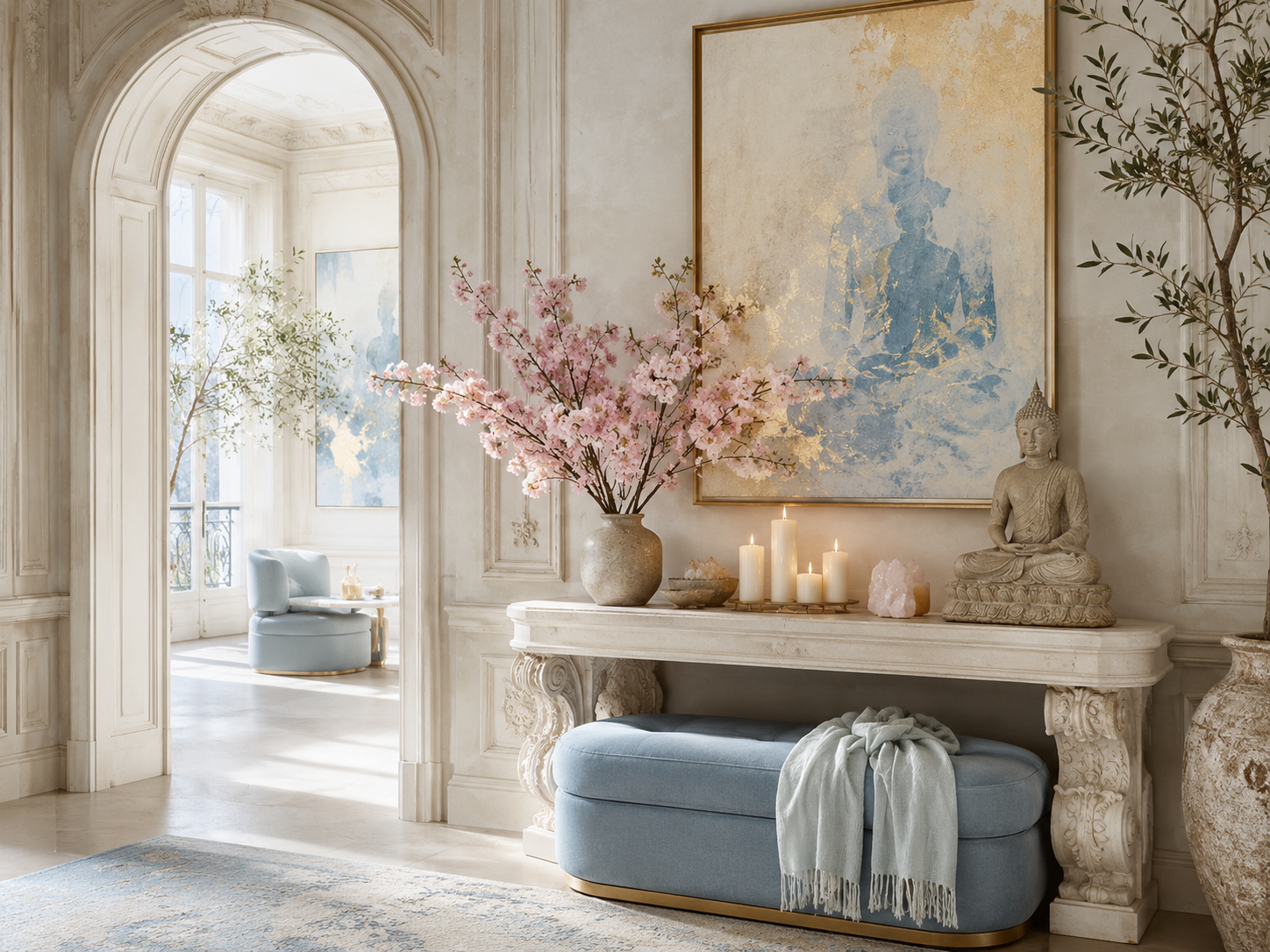 Elegant pale entryway with Buddha painting and cherry blossoms