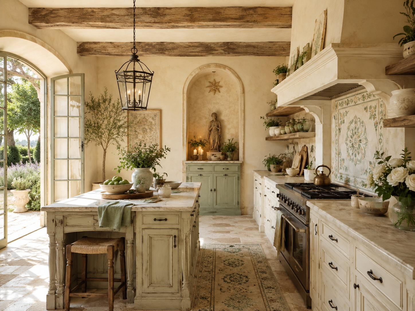 Provençal kitchen with stone hearth and garden view