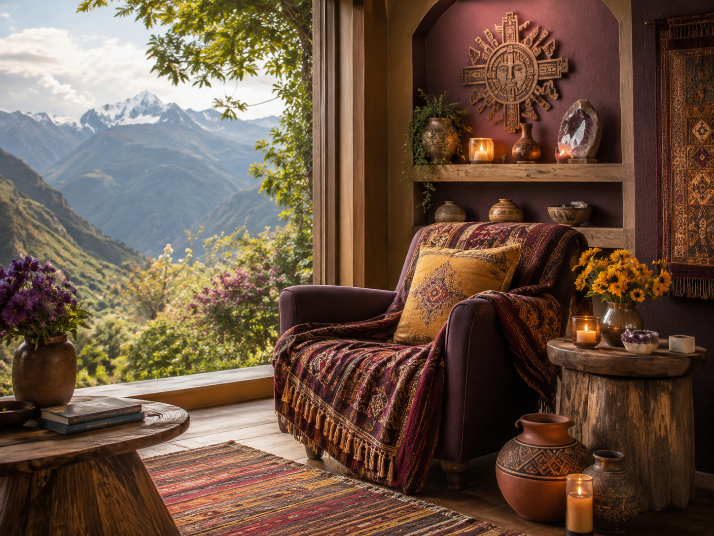 Mountain-view nook with kilim textiles and sun art
