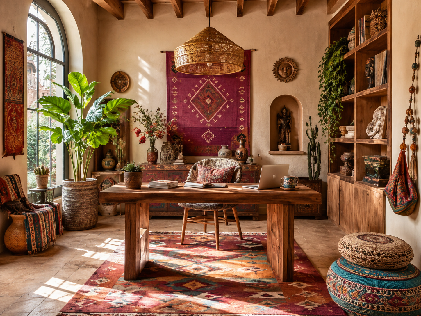 Southwestern bohemian home office with kilim rugs