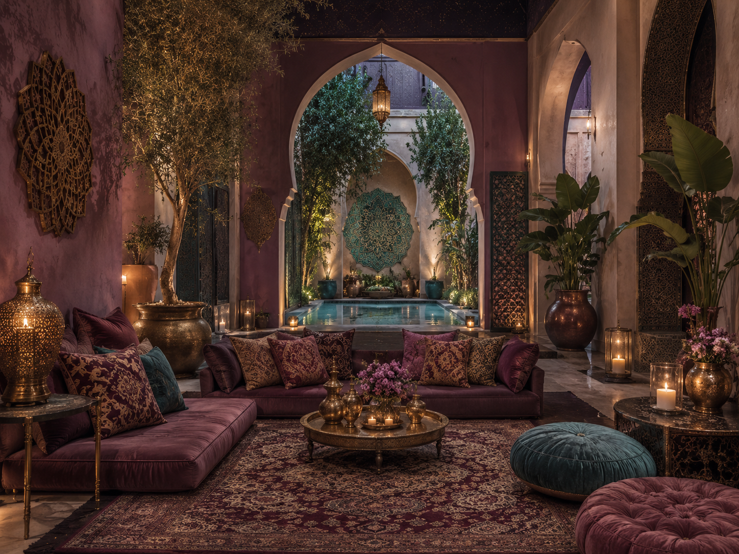 Moroccan courtyard lounge at night with reflecting pool