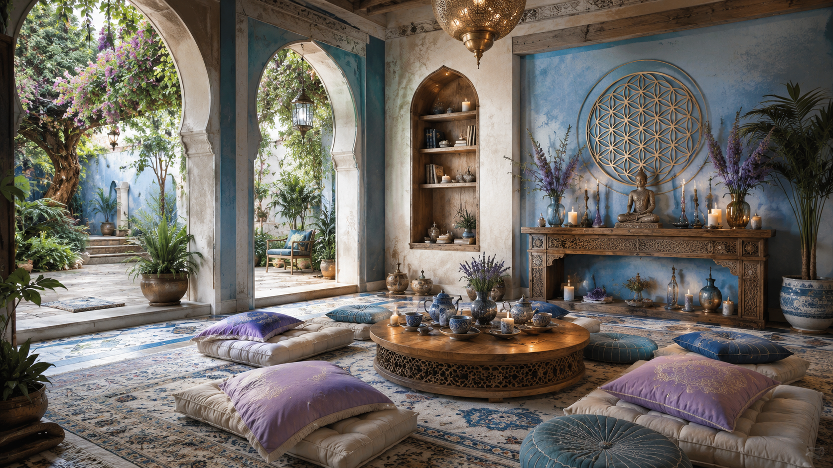 Andalusian meditation lounge with mandala wall art