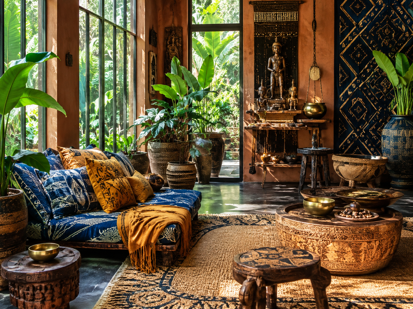 Eclectic global lounge with indigo batik textiles