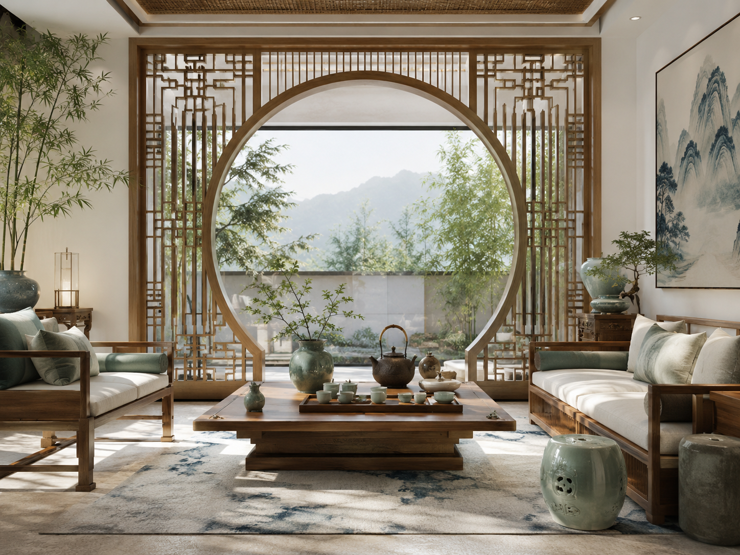 Tea lounge framed by a circular moon gate