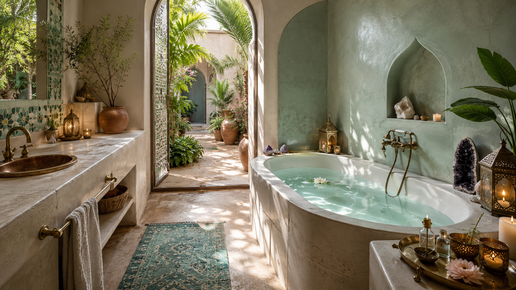 Moroccan-style spa bathroom with soaking tub