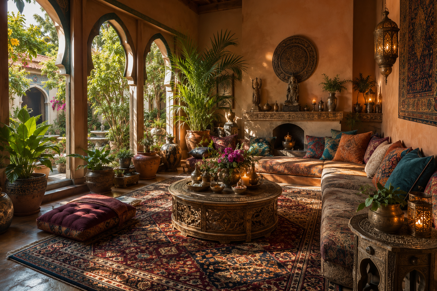 Moroccan riad lounge with arched windows