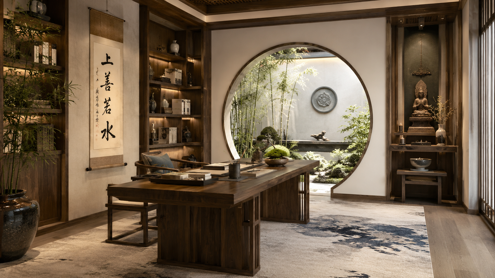 East Asian scholar's study with calligraphy scrolls