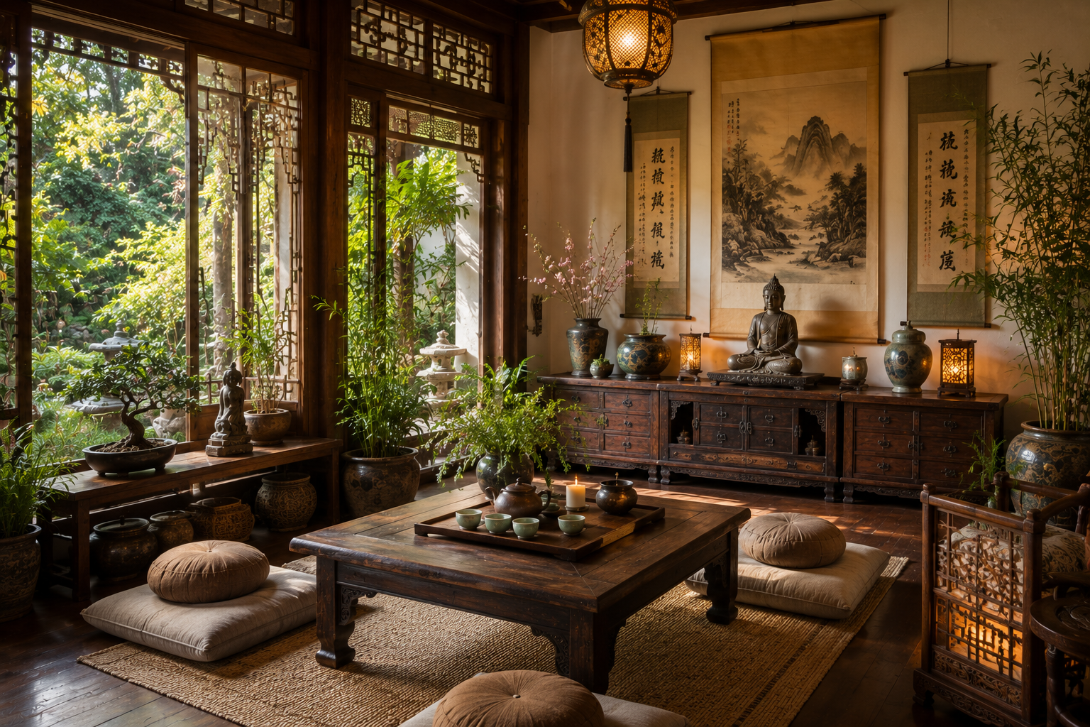 Zen living room with bonsai and mountain scroll