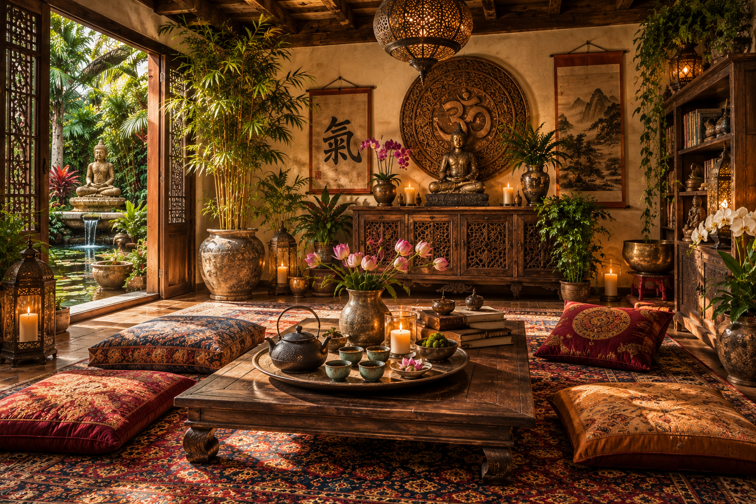 Meditation lounge with Buddha statue and garden pond
