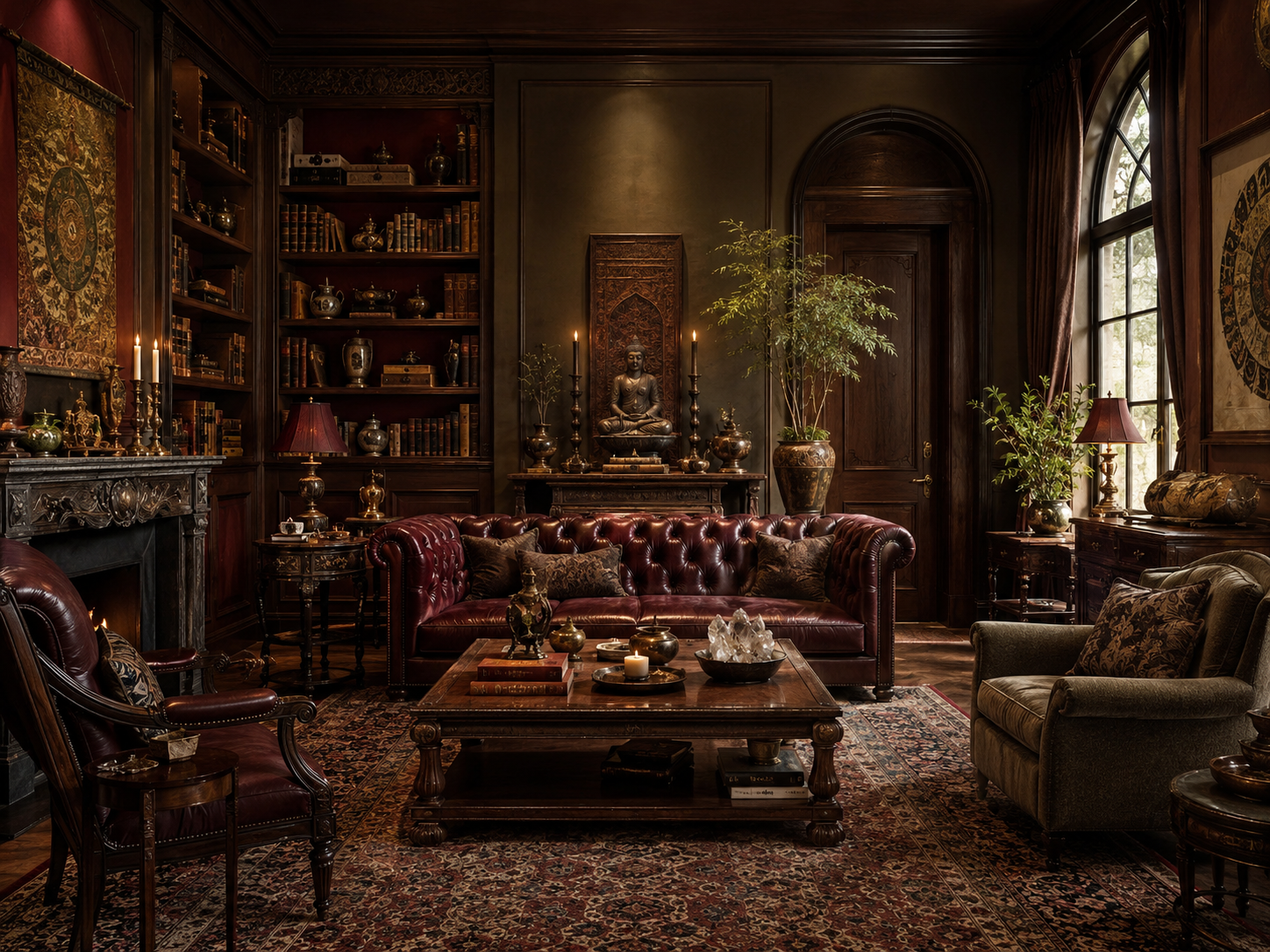 Burgundy leather library with Buddha shrine