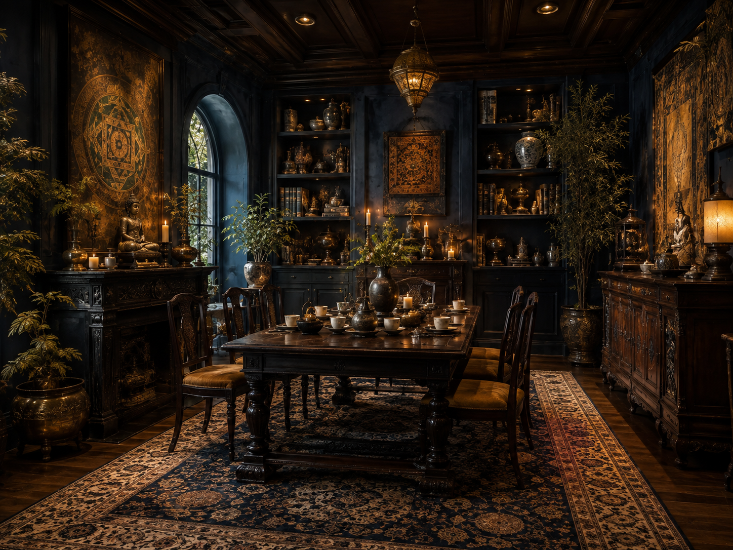 Dark blue dining room with gilded shrine cabinets