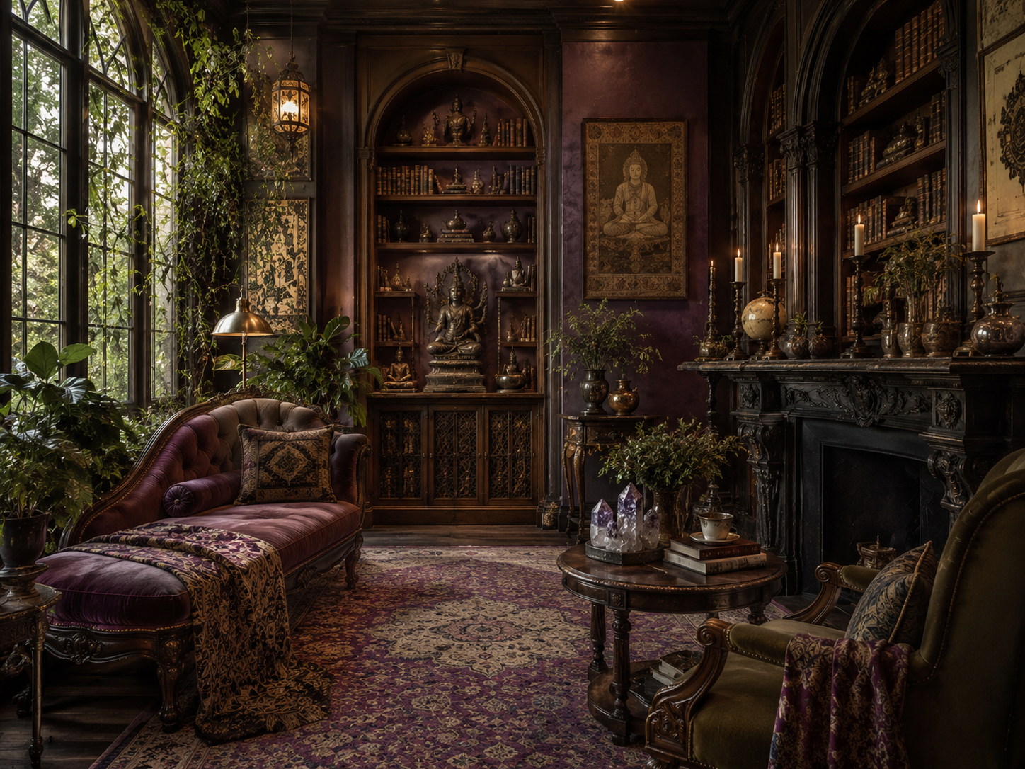 Purple velvet lounge with Buddha niche and fireplace