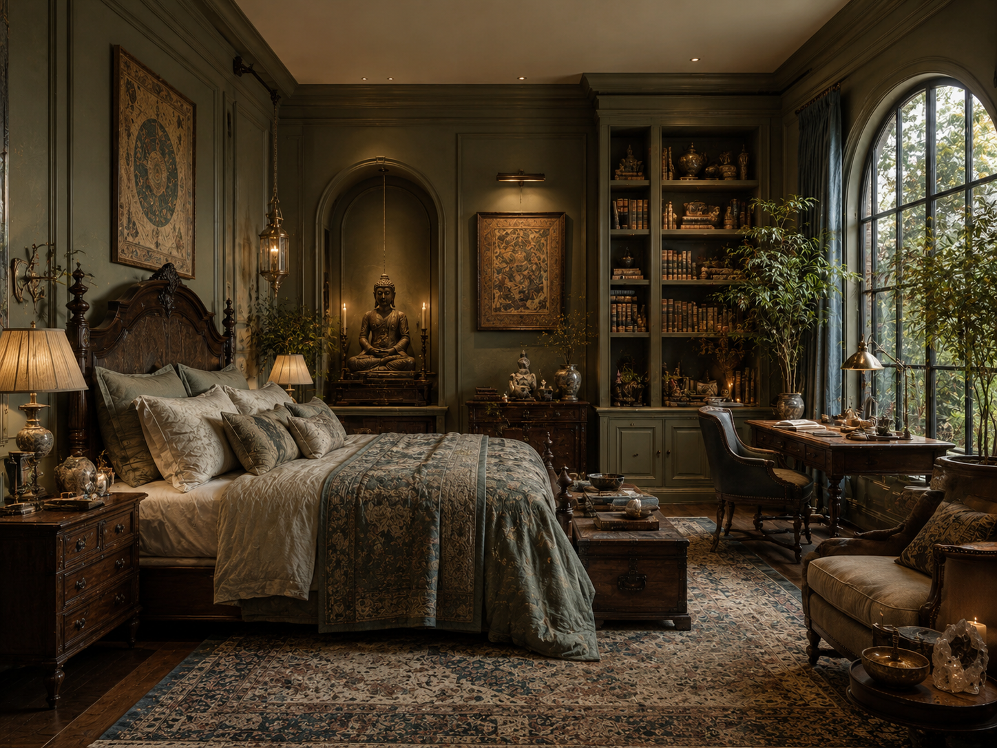 Olive green bedroom with Buddha alcove and library