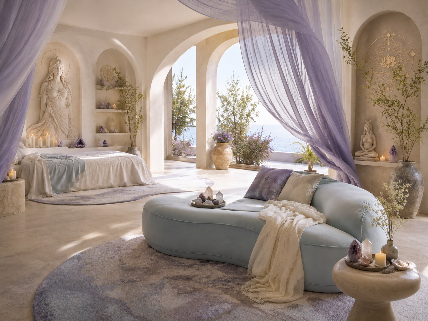Canopy bedroom with flowing curtains and ocean view
