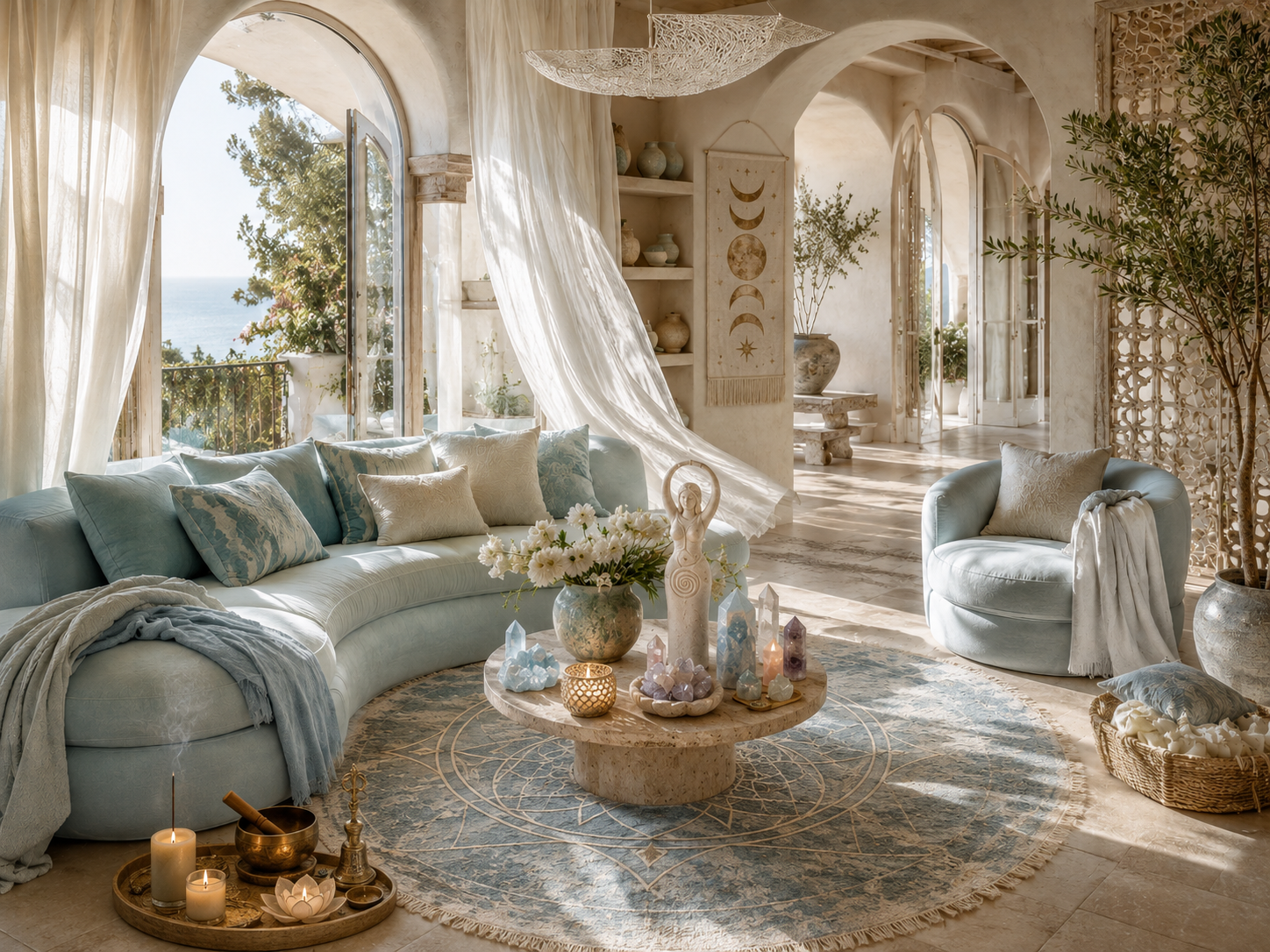 Airy coastal living room with sheer curtains and sea view