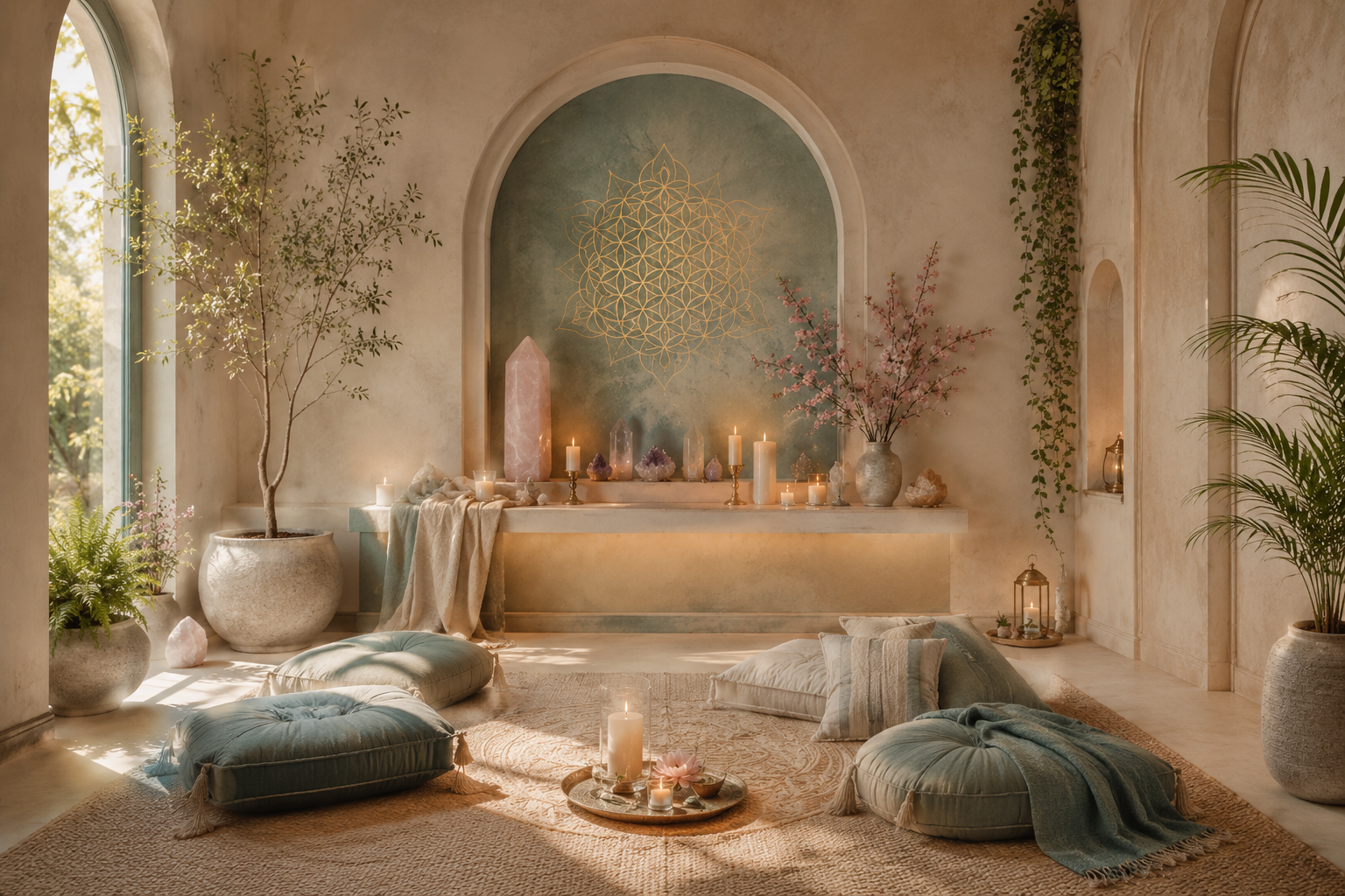 Meditation alcove with sacred geometry and floor cushions