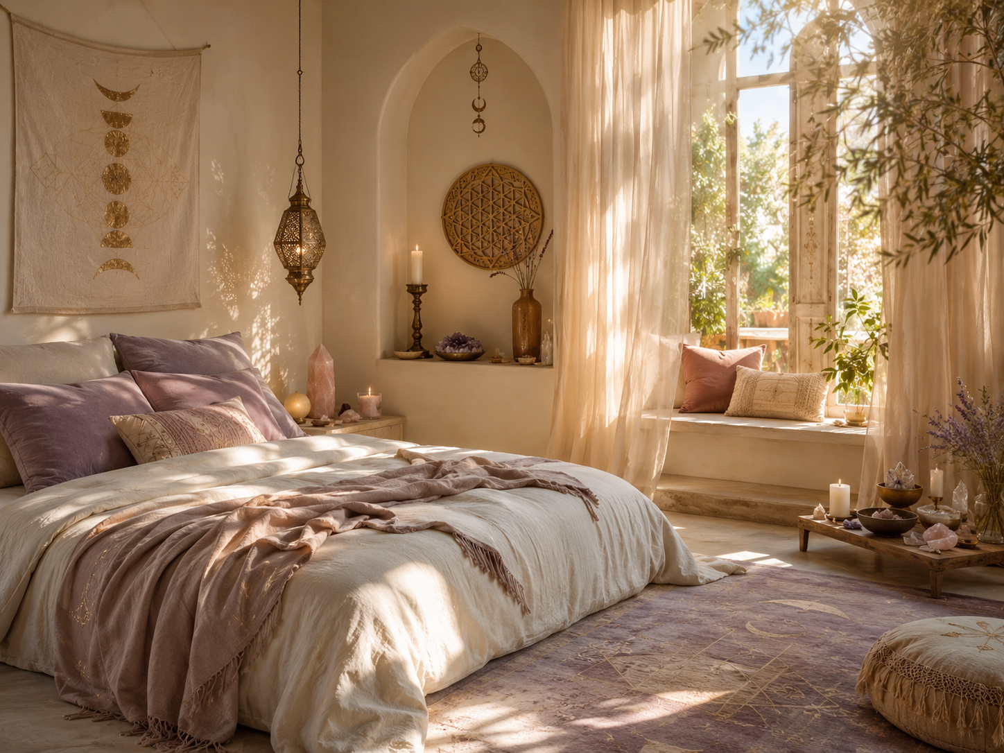 Sun-warmed bedroom with arched niche and dressing nook