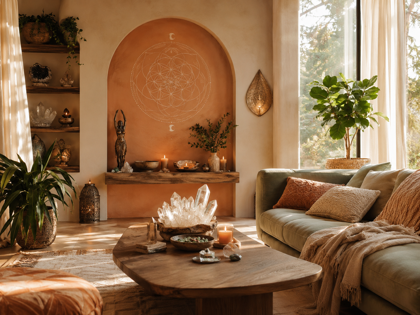 Terracotta living room with sacred geometry niche