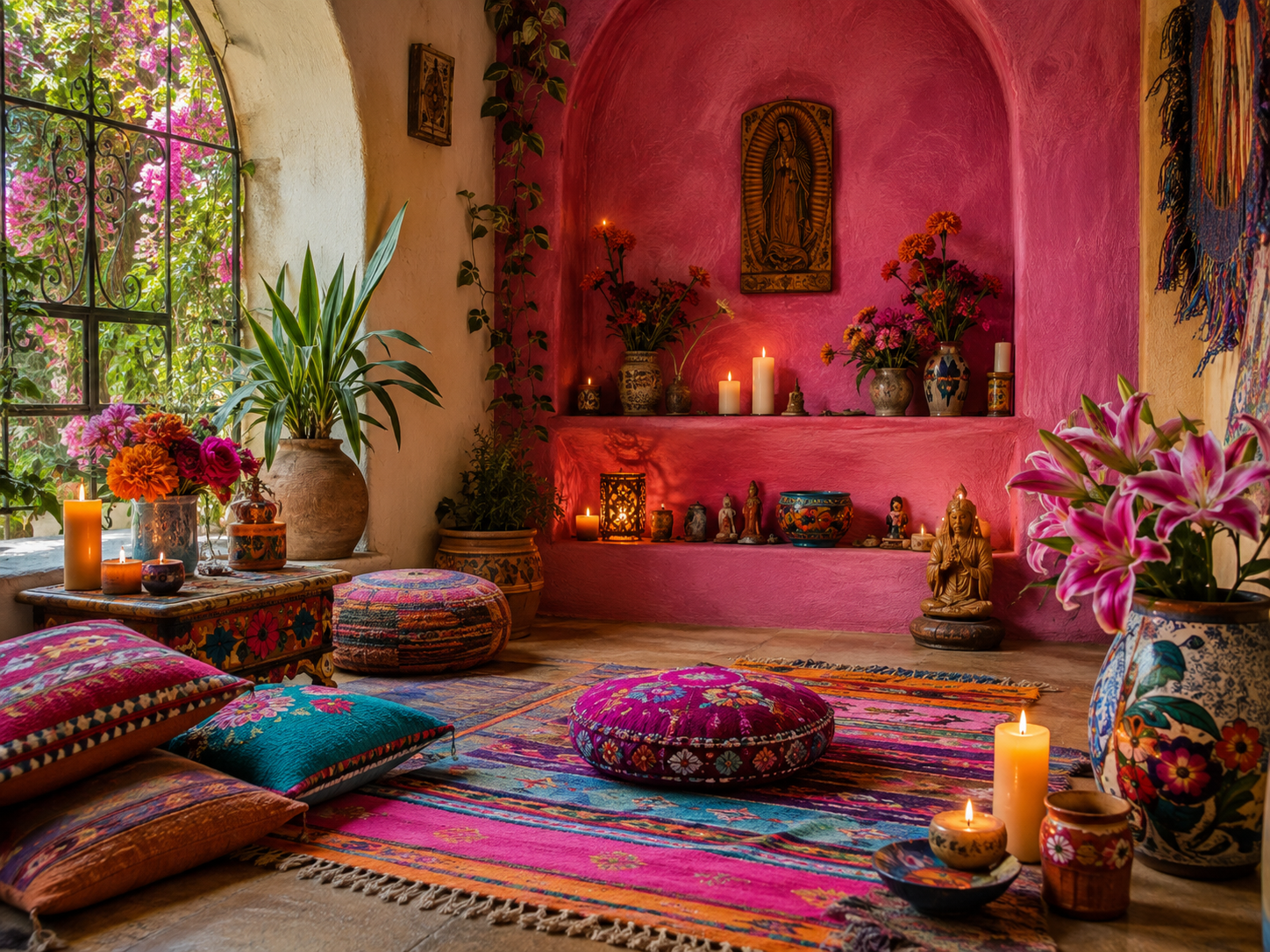 Magenta devotional altar niche with candles and marigolds
