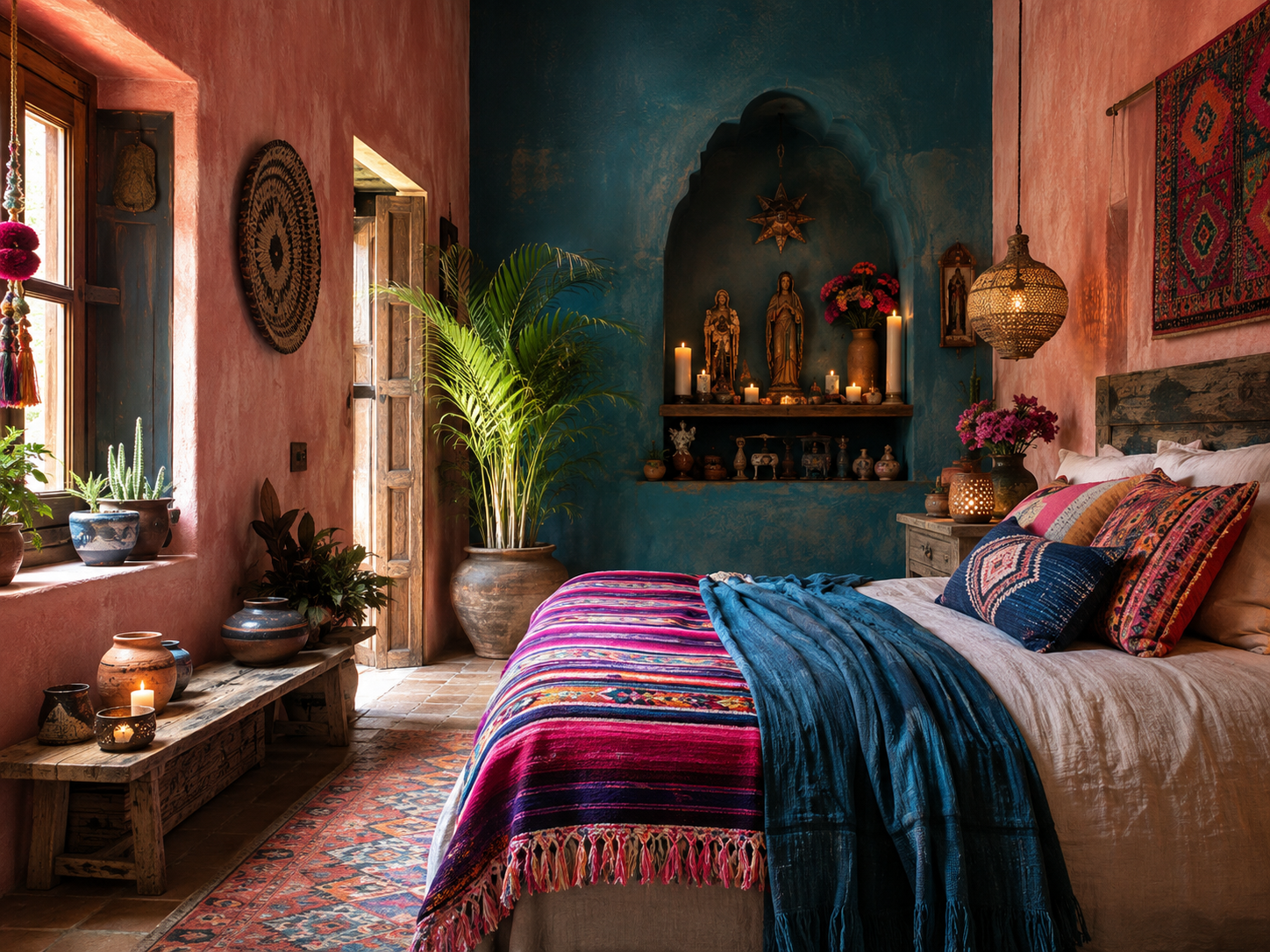 Teal-walled bedroom with devotional shrine and woven textiles