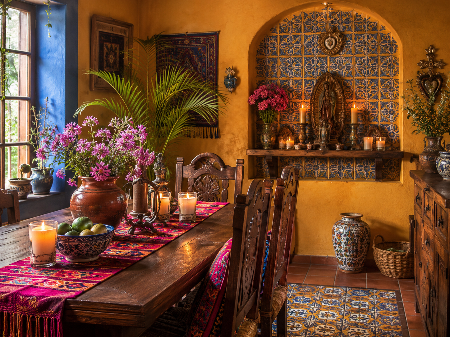 Golden dining room with tiled shrine niche