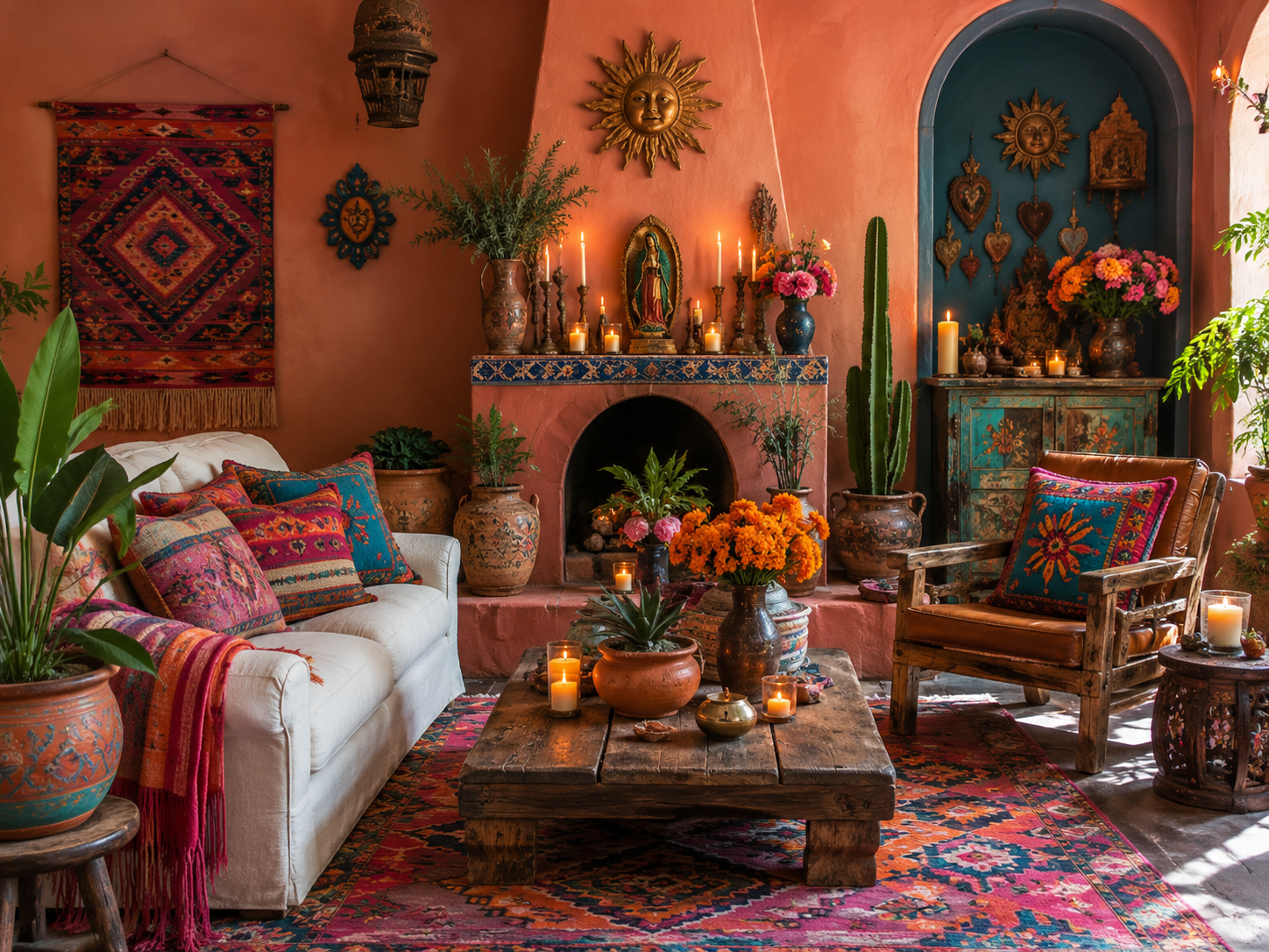 Terracotta living room with sun motif and devotional niche