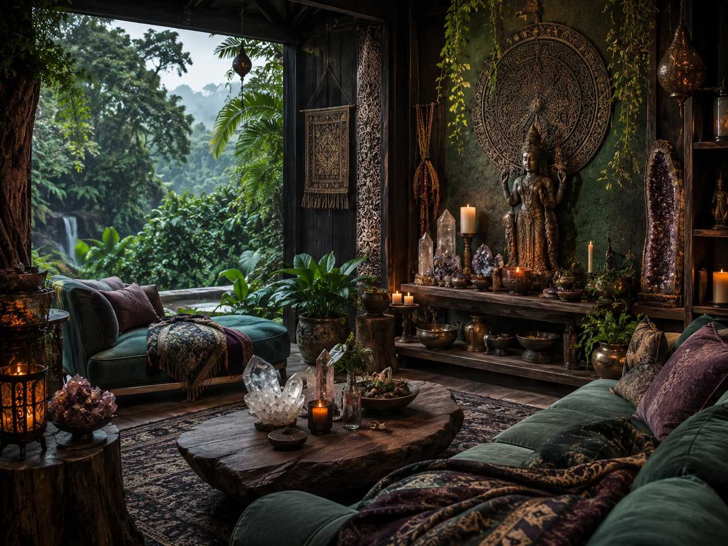 Rustic mountain lodge with Buddha statue and wildlife art