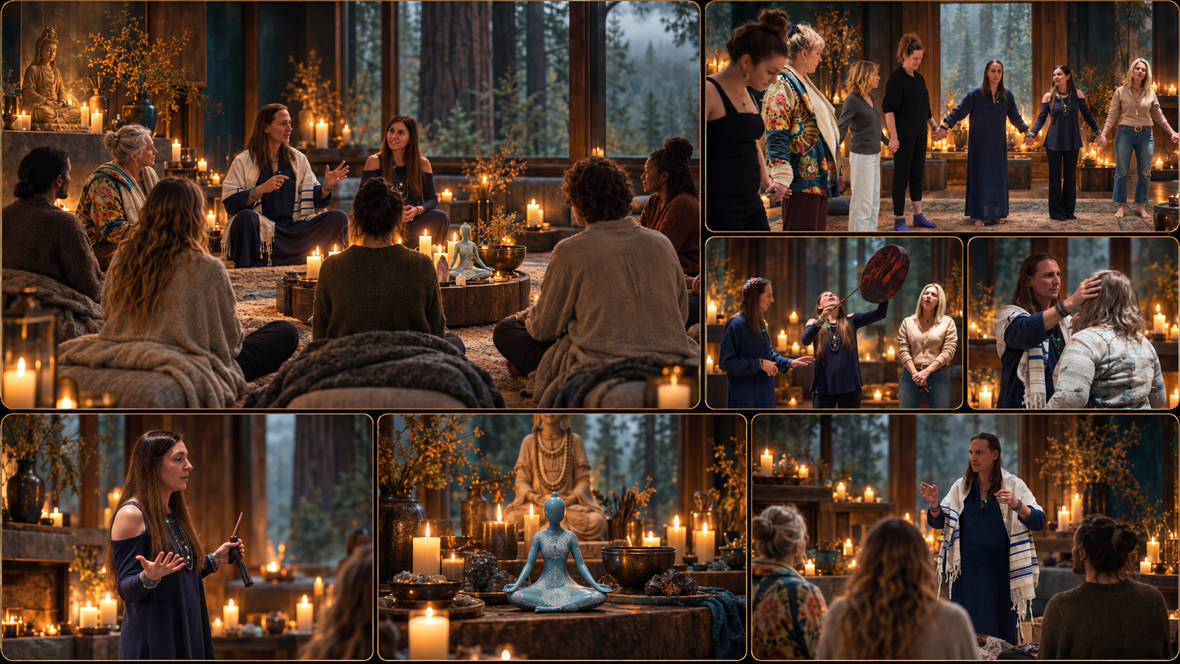A collage of moments from a Blue Soul Darshan ceremony