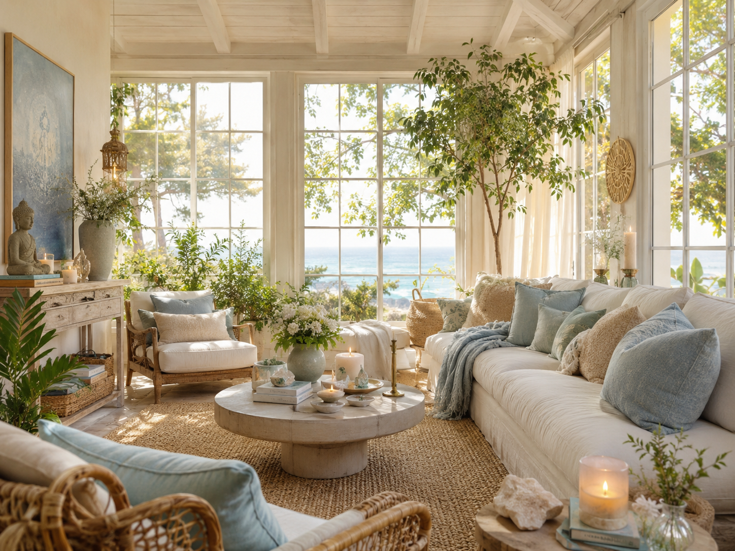 Coastal sunroom living room with ocean view