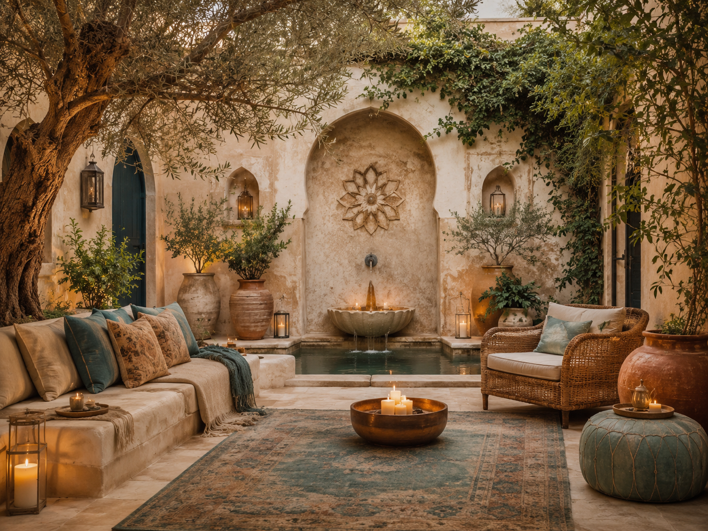 Moroccan courtyard with fountain and lanterns