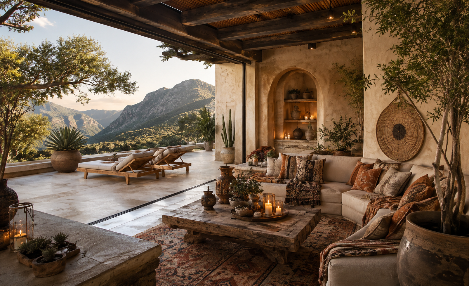 Rustic mountain-view terrace with sectional sofa and daybeds