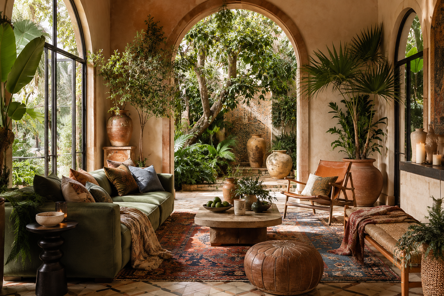 Bohemian courtyard living room with arched garden view